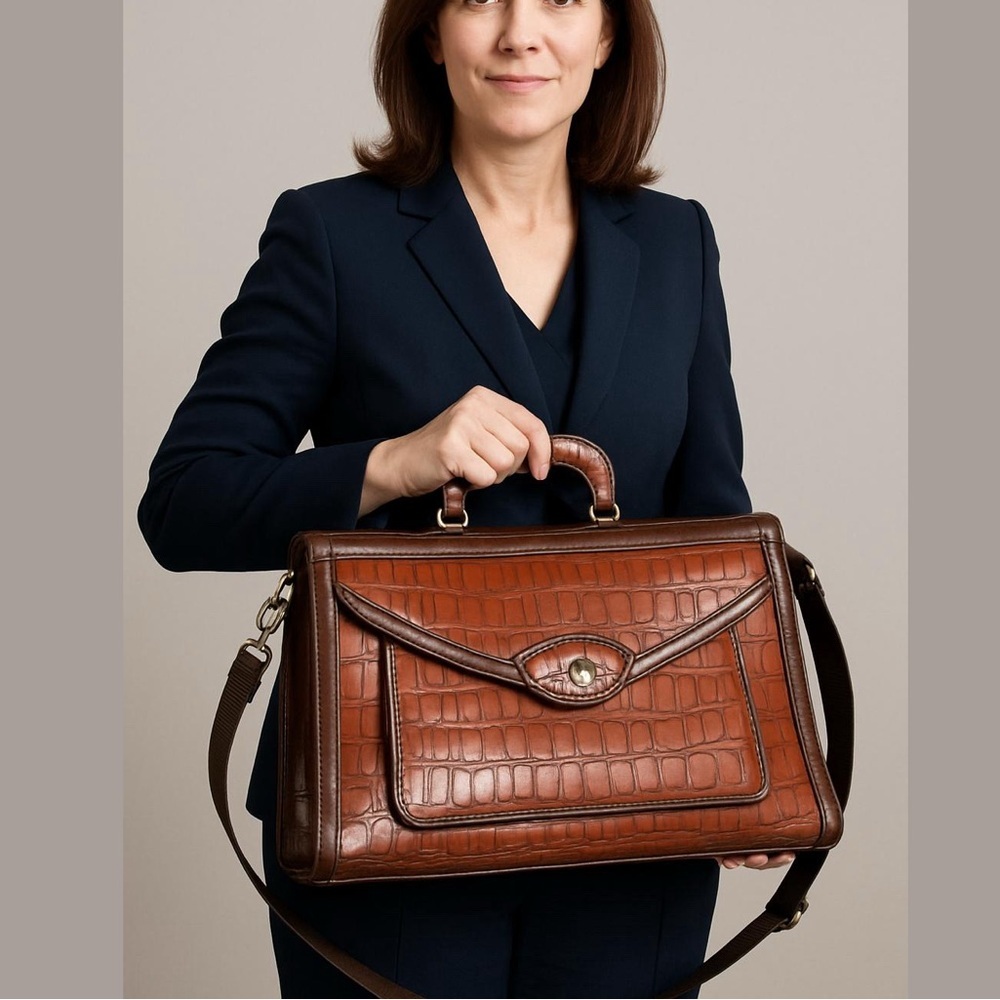 90s MARC CHANTEL BROWN CROCODILE-EMBOSSED & LEATHER TRIM CASE EMBOSSED HARDWARE